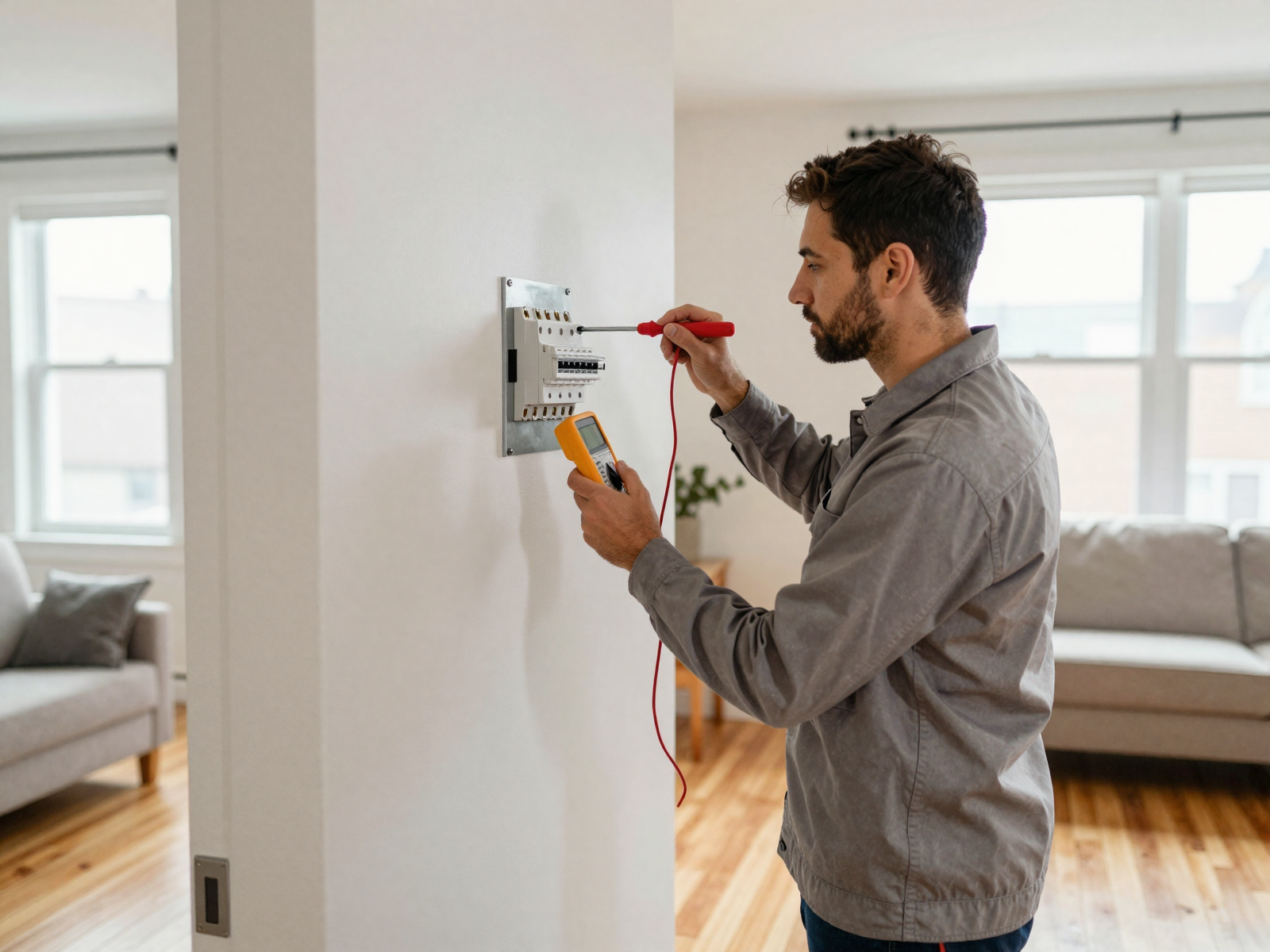 Electrician installing new circuit breaker panel