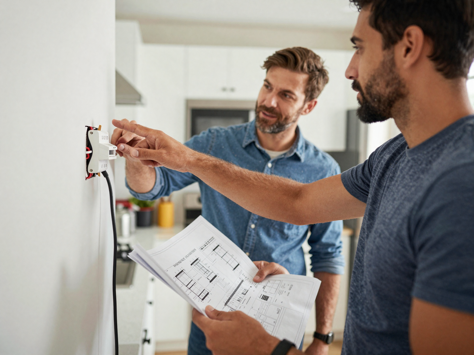 Electrician and homeowner reviewing electrical plans