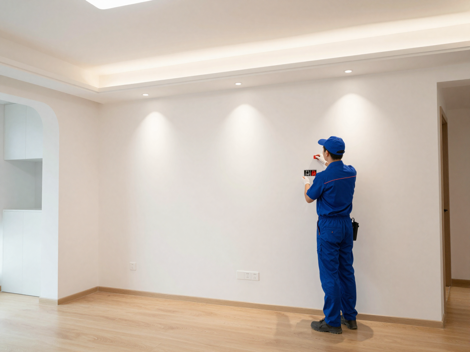 Finished electrical installation in a modern living room with recessed lighting and new outlets